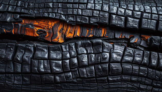 Detailed macro shot of charred wood, showing intense black textures with glowing orange embers beneath. Nobody present. This abstract, moody image evokes transformation and resilience for design.