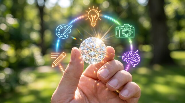 Hand touching a glowing orb surrounded by interconnected icons representing ideas and creativity in a wooded area.
