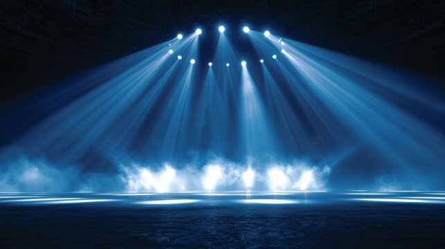 Empty performance stage with blue white light beams