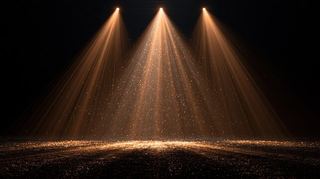 Empty stage with warm golden spotlights and glitter