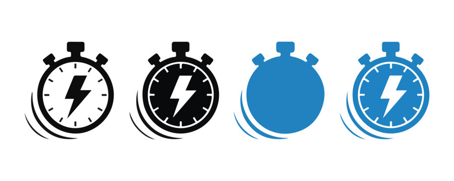 Fast stopwatch icons with lightning bolt symbols representing high speed performance and power time management.
