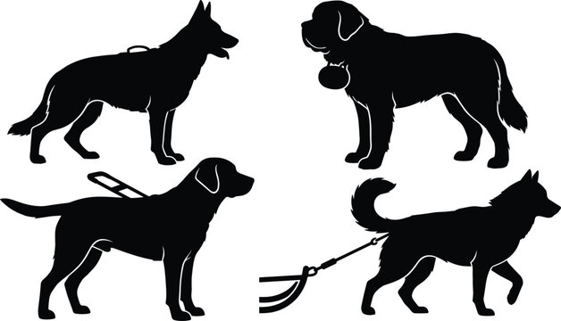 Black silhouette collection of working and service dogs featuring guide, rescue, sled, and guard dog breeds.