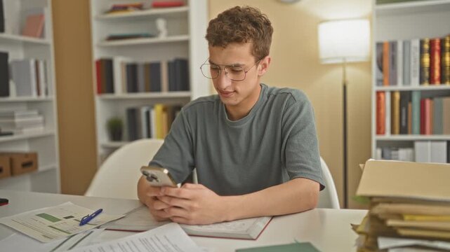 Young man sits at desk holding smartphone and study papers with hands on device and notebook, bookshelves and lamp visible in a building; concentration.