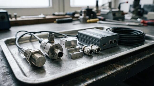 Proximity sensor, vibration transducer, calibration block, cable glands, rugged gateway unit, and ethernet cable on a metal tray