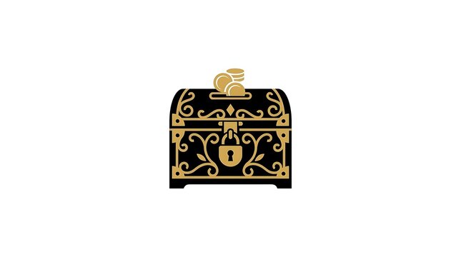 Ornate black and gold treasure chest with coins icon.