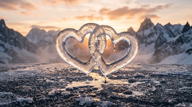 Heart shaped ice sculpture glowing in the sunset over majestic mountains