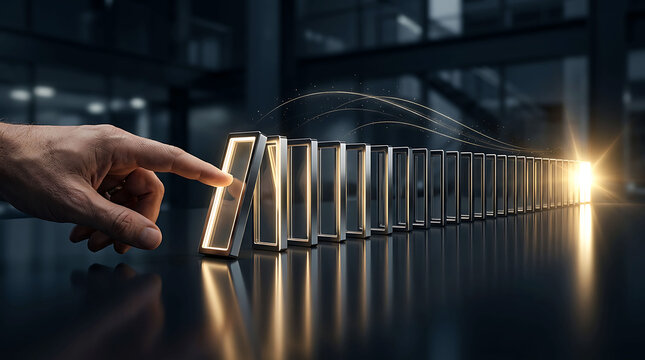 A hand pushing a glowing domino causing a chain reaction in an office