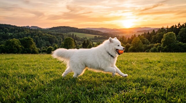 Energetic samoyed dog joyfully chasing a ball during a sunset in nature