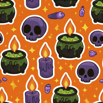 Kawaii Halloween seamless pattern with cute purple skull, green potion cauldron, and burning candle on orange background
