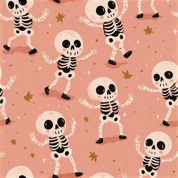 Cute Halloween skeleton seamless pattern with dancing cartoon bones and stars on pink background