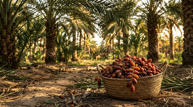 Freshly harvested dates in a woven basket within a lush green date palm grove