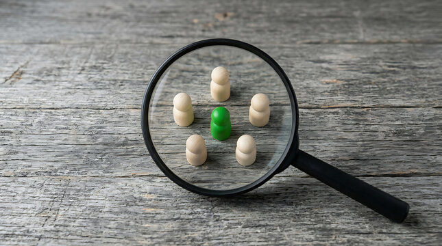 Magnifying glass reveals a standout individual among a group of figures on a wooden surface