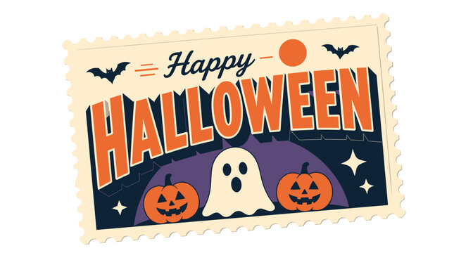 Halloween Postcard Featuring Ghost And Pumpkins Stamp.