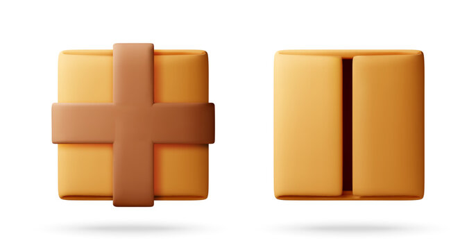 Orange gift box with ribbon 3d icon. Wrapped present parcel and closed package. Birthday celebration, surprise and delivery concept for web design and application.