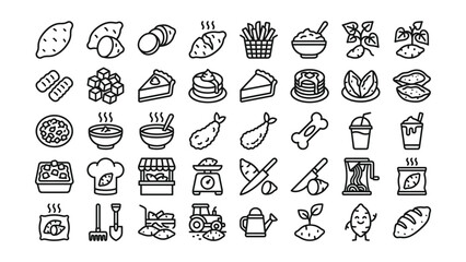 Fototapeta premium Black line icons of food items and farming tools on white