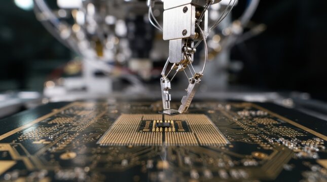 Micro robot placing a chiplet on package substrate with bond pads and solder bumps for semiconductor assembly and inspection.