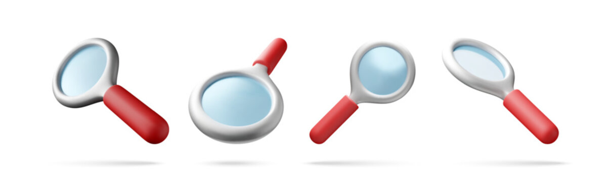 Magnifying glass icon set in 3d style with red handle and blue lens. Search, zoom, research and find symbol. Cute cartoon render for web design and detective concept