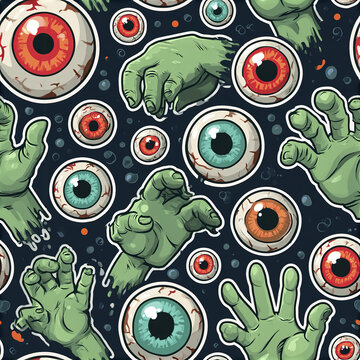 Kawaii zombie party seamless pattern with playful green zombie hand and colorful eyeball on dark background