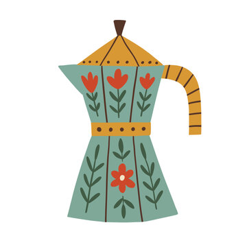 Retro floral moka pot illustration with stylized flowers, leaves, striped handle and decorative details. Colorful hand drawn coffee maker in folk art style isolated on white background.