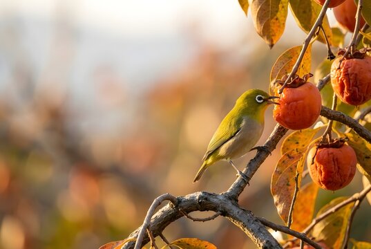 Japanese white-eye bird pecking persimmon fruit on branch