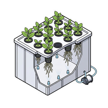Hydroponics Isometric Scene, Hydroponic growing system with green plants and roots isometric vector