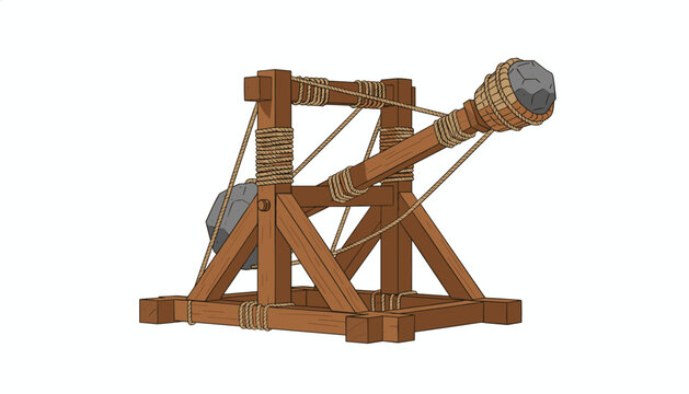 Medieval wooden catapult weapon loaded with a large stone ball is rendered in a detailed cartoon style.