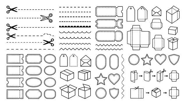 Collection of paper cutting lines tags boxes and craft templates for diy projects