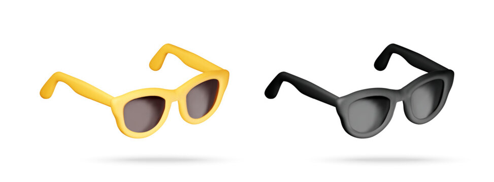 Yellow and black sunglasses 3d icon set. Sun glasses with dark lens isolated on white background. Summer eyewear and fashion accessory. 3d vector illustration