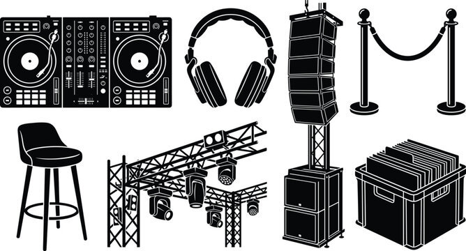 Black silhouette icon set of nightclub DJ equipment featuring turntables, headphones, stage lighting, and speaker systems