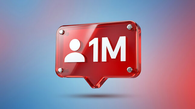 Red speech bubble icon floating with one million followers milestone count for social media growth