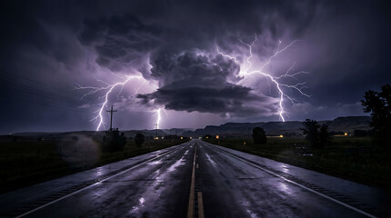 Obraz premium Dramatic thunderstorm with lightning over a wet rural highway at night