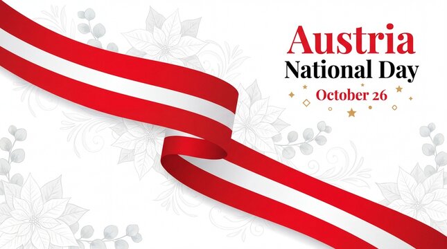 ustria National Day celebration banner with traditional Edelweiss flowers vienna architecture silhouette and waving Austrian flag ribbon vector illustration isolated on white