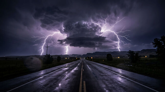 Dramatic thunderstorm with lightning over a wet rural highway at night