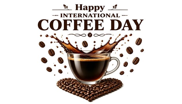 International Coffee Day banner with splashing cup and heart beans