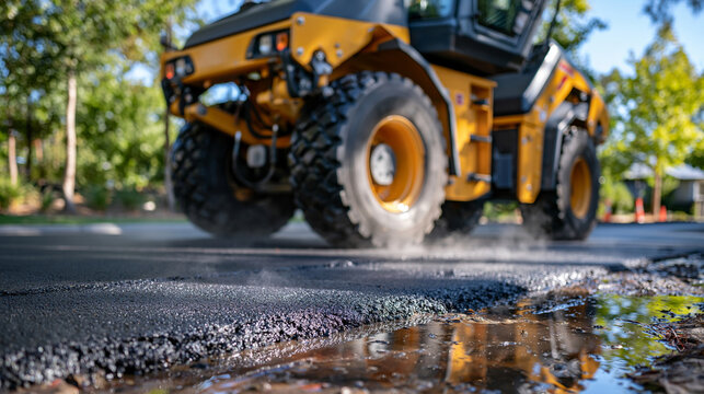 Large vibratory road roller working after a light rain, pressing hot black asphalt while steam rises intensely from the damp road surface, water droplets and reflective patches surrounding the heavy