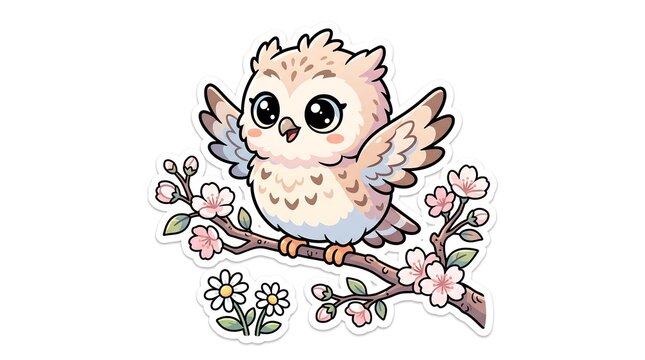 Cute baby owl perched on tree branch, charming forest bird illustration for kids