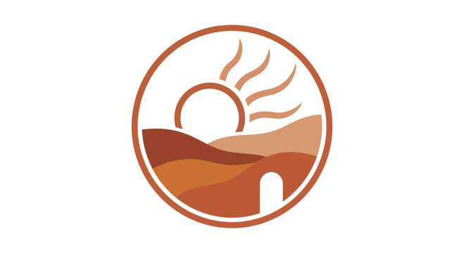Desert landscape logo with sun and dunes.