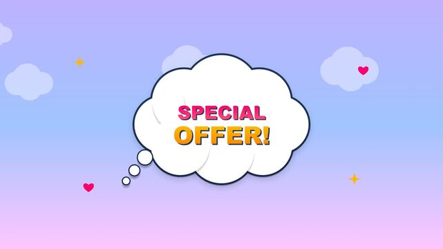 Special offer speech bubble animation featuring vibrant colors and floating heart icons perfect for digital marketing campaigns and online promotional videos