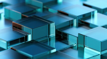 Fototapeta premium Blue and turquoise geometric blocks background with precise 3D alignment and depth
