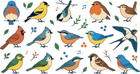 Fototapeta premium Cute Bird Vector Icon Set Featuring Diverse North American Backyard Songbirds with Colorful Plumage, Leaves, Berries, and Musical Notes for Nature Designs