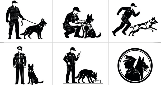 K9 Police Dog and Officer Black Silhouette Icon Set Featuring German Shepherd Training Patrolling Running Sniffing and Security Badge Vector Illustration