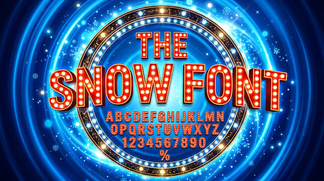 Retro vintage marquee font display alphabet with red light bulb letters on glowing blue background