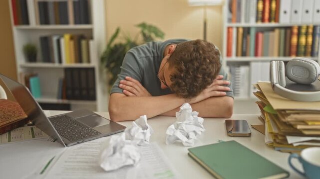Young man with hands behind head at laptop amid crumpled papers, notebooks and stacks of books on a study desk in a building; academic frustration.