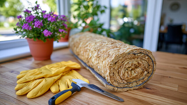 Thick roll of eco friendly thermal insulation material with yellow work gloves and utility knife on a clean wooden tabletop, soft daylight entering from a nearby window, minimal composition with lar
