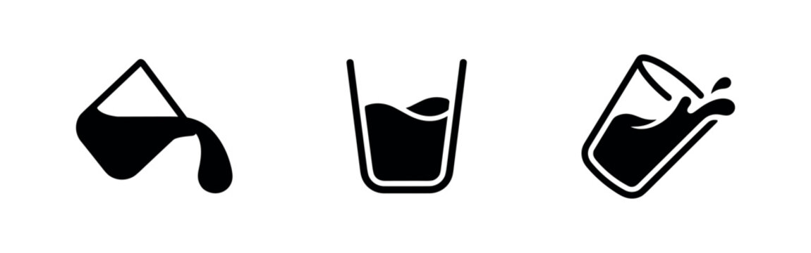 Liquid pouring and water glass icons set, symbols of fluid and drinks