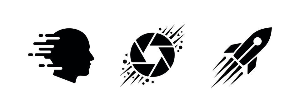 Conceptual icons for speed, innovation, and photography, modern abstract symbols