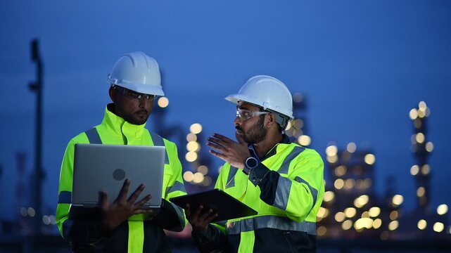 Engineer wear uniform and helmet stand workplace hand holding tablet and laptop computer, survey inspection team work plant site to work with night lights oil refinery background.	