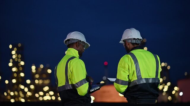 Engineer wear uniform and helmet stand workplace hand holding tablet and laptop computer, survey inspection team work plant site to work with night lights oil refinery background.	