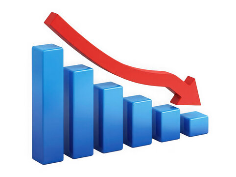 Blue bar chart with declining red trend arrow indicating market decrease on transparent background