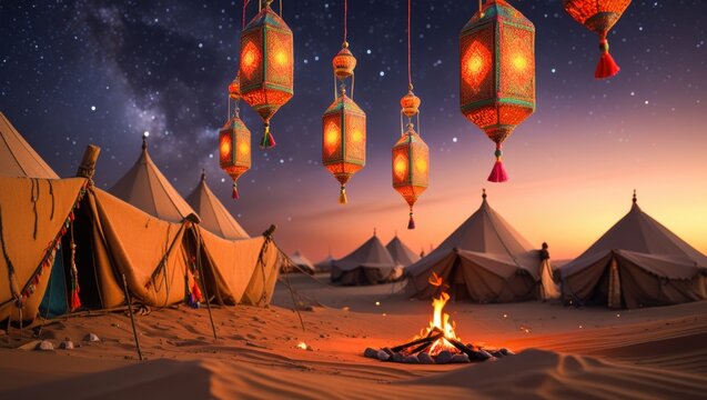 Bedouin desert campsite with campfire and hanging illuminated lanterns under starry Milky Way sky